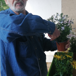 Mężczyzna pielęgnujący kwiaty na balkonie